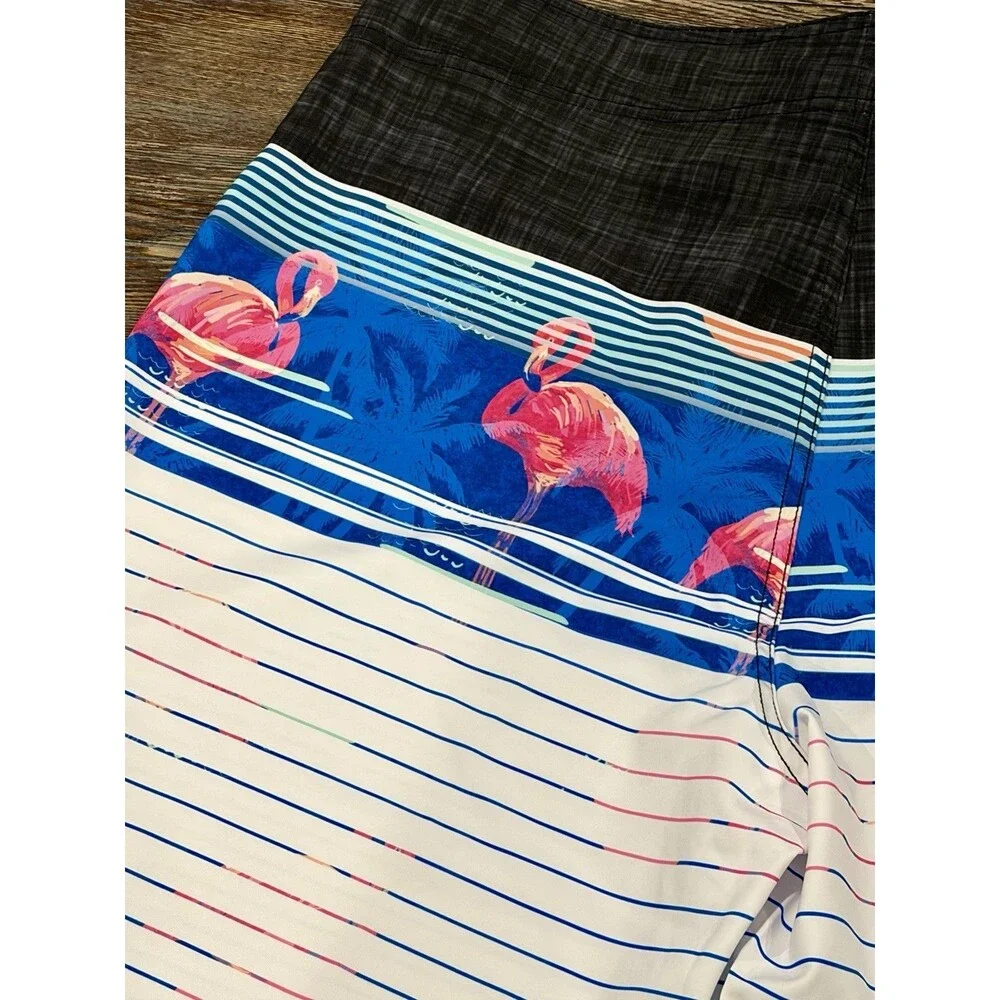 OCEAN CURRENT Stripe Flamingo Swim Board Shorts - Sz 36 Waist - Ret $40 - NWT